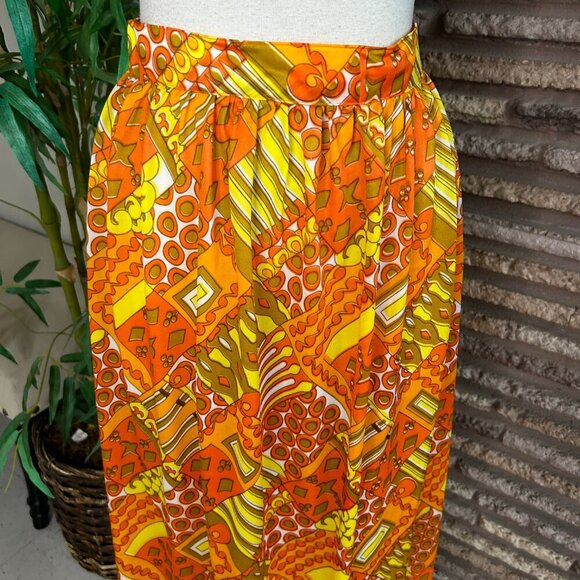 Vintage 60s 70s Pop Art Orange Yellow Geometric Nylon Maxi Skirt - Picture 4 of 7